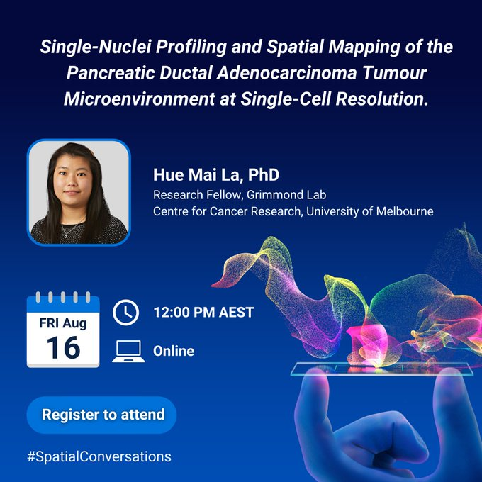 GenCancerCentre's tweet photo. At 12pm today UMCCR researcher Hue Mai La will be presenting as part of @mscienceaustnz and @10xGenomics #SpatialConversations seminar. There's still time to register!

🔗https://t.co/t2Q9IdafBu https://t.co/HvrbwIIpMl