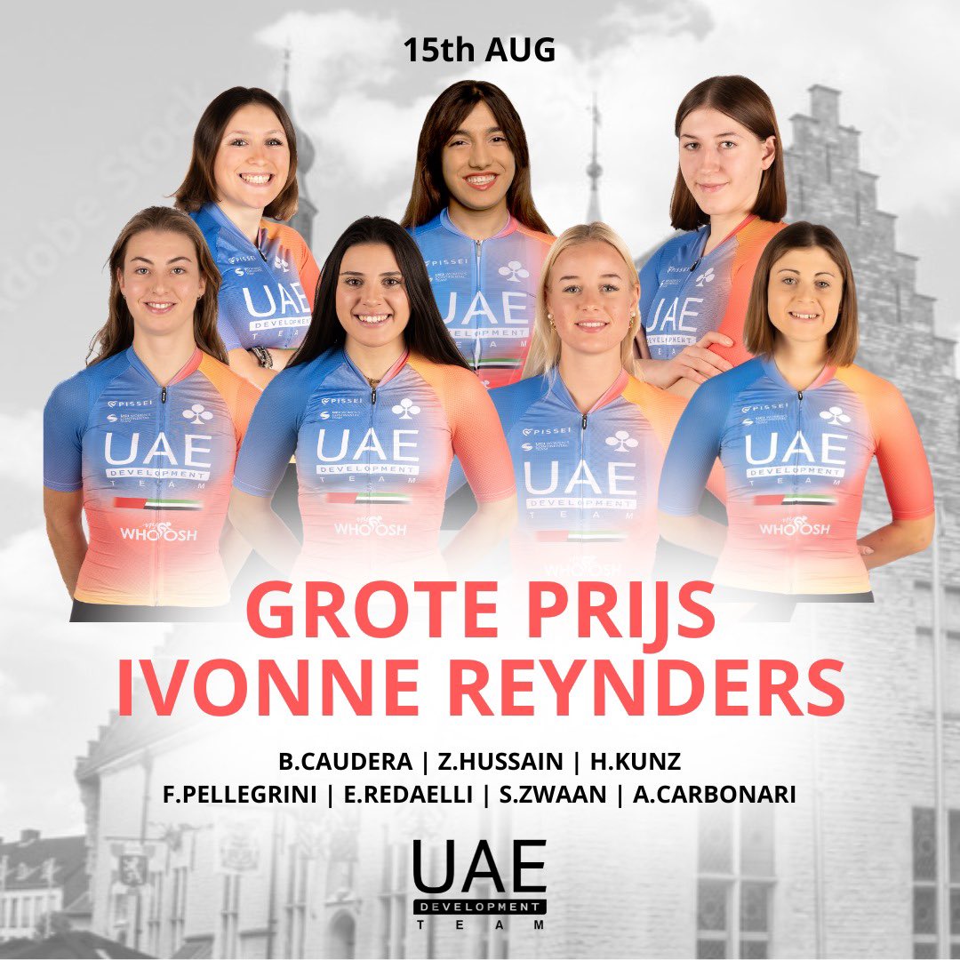 LINE UP 🇦🇪 UAE Development Team x Grote Prijs Ivonne Reynders

🇮🇹 CAUDERA Beatrice 
🇦🇪 HUSSAIN Zahra
🇩🇪 KUNZ Hannah
🇮🇹 PELLEGRINI Francesca 
🇮🇹 REDAELLI Emma 
🇳🇱 ZWAAN Sophia 

and from UAE Team ADQ 

🇱🇻 CARBONARI Anastasia

#UnitedToBeStronger #Cycling #Womencycling #UAEDevoTeam