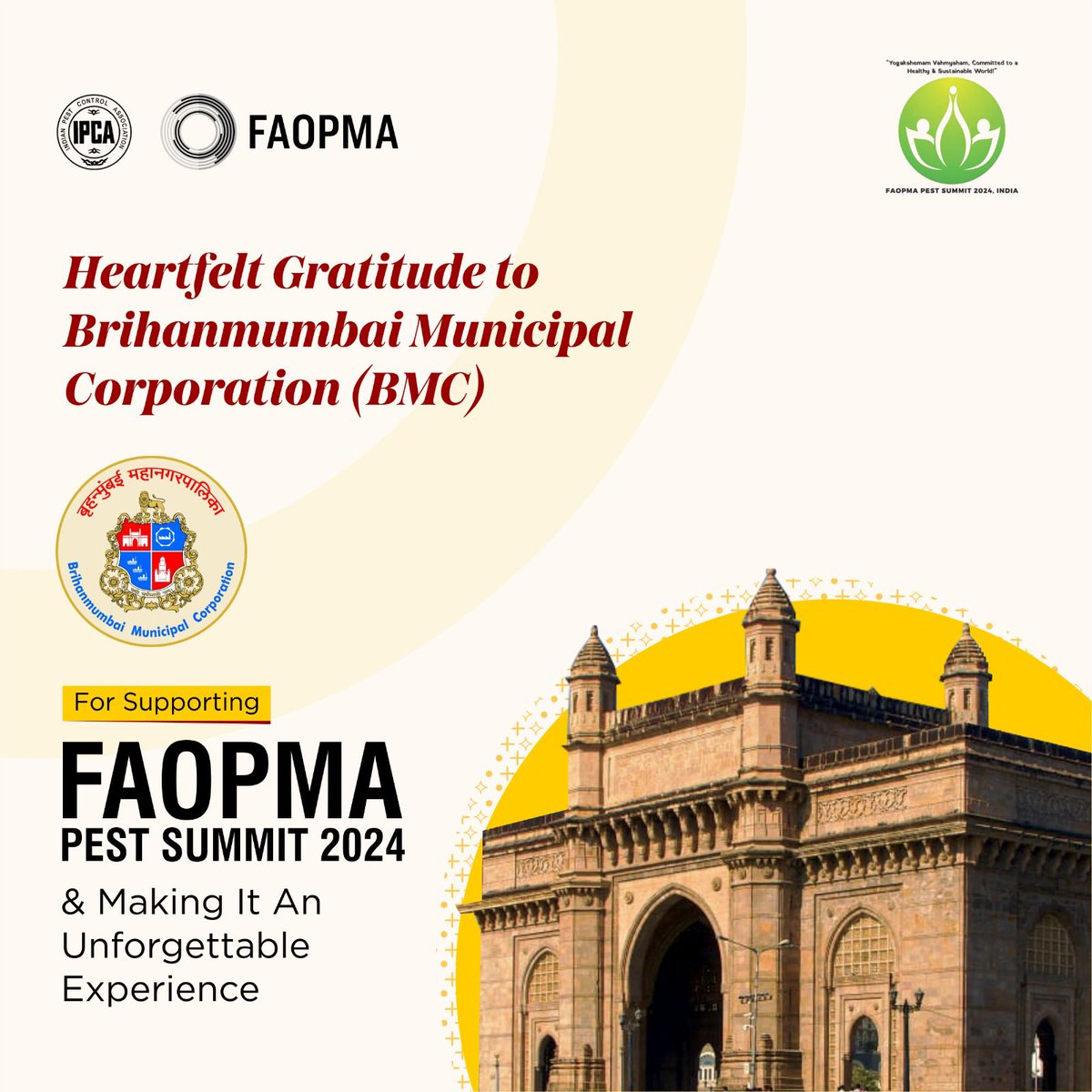 FPS2024's tweet photo. We extend our heartfelt thanks to the Brihanmumbai Municipal Corporation (BMC) for your invaluable support and partnership with FAOPMA Pest Summit 2024. 

#FAOPMA #fps2024 #pestsummit #brochure #india #mumbaicity #nonprofitorganisation #pestsummit2024 #ipca #indianpestcontrol https://t.co/3T2J0t9A7b