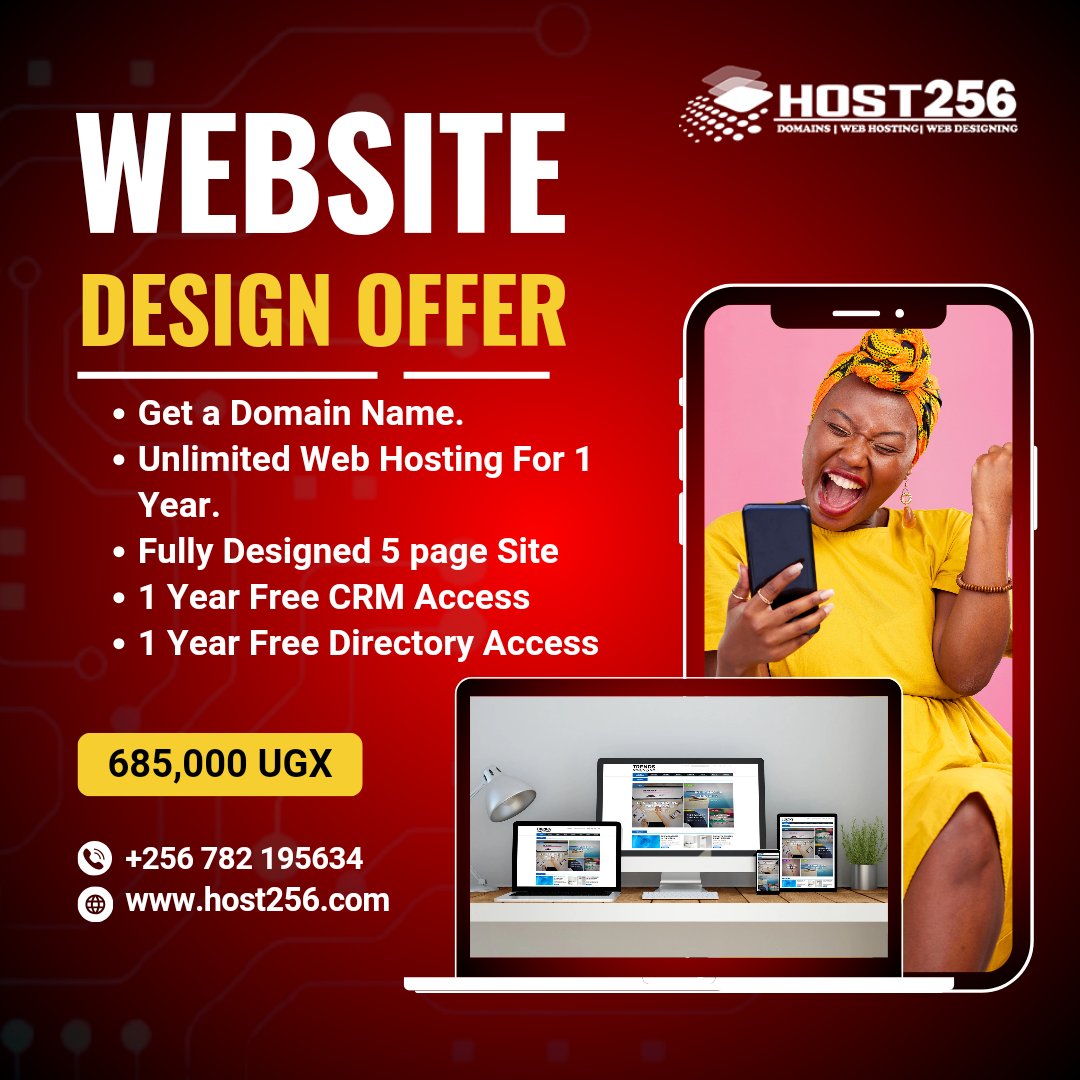 Host256's tweet photo. SPECIAL WEB HOSTING &amp; DESIGN OFFER

Get a Domain Name (.com) 
1 Year Unlimited Web Hosting 
Unlimited Emails 
Unlimited Bandwidth 
1 Year CRM Access 
1 Year Premium Directory Access 

All at a Discounted Price of 185,000 UGX

WhatsApp +256782195634

https://t.co/lKyCB97nPr https://t.co/cJY7hCa6Cg