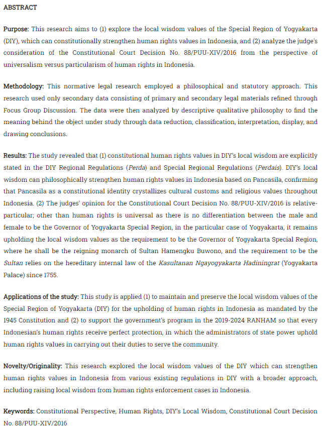 Jurisprudence_e's tweet photo. Triwahyuningsih, Triwahyuningsih, dkk. “Constitutional Perspective of Human Rights Values in Local Wisdom in the Special Region of #Yogyakarta (Study of Constitutional Court Decision No. 88/PUU-XIV/2016).” Jurnal #Jurisprudence, Juli 2023, hlm. 147–71. https://t.co/fjd3yAnJNp. https://t.co/nNiLfNJw5y