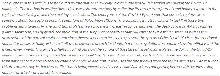 LAJ_Journal's tweet photo. Gunawan, Yordan, et al. “#War during the COVID-19 Pandemic: Case between #Israel and #Palestine.” Law and Justice, vol. 6, no. 2, Mar. 2022, pp. 148–60. https://t.co/3yGnT80q08, https://t.co/tGaIh1MFl5. https://t.co/f2X5eUZv49