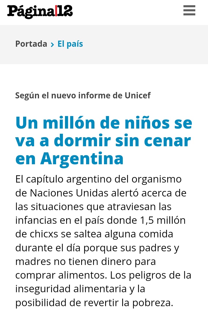 Un millón y medio de niños se van a dormir sin cenar no en Cuba o Venezuela, si no en Argentina señala UNICEF, nadie sanciona a Argentina, es la libertad libertaria de Javier Milei...