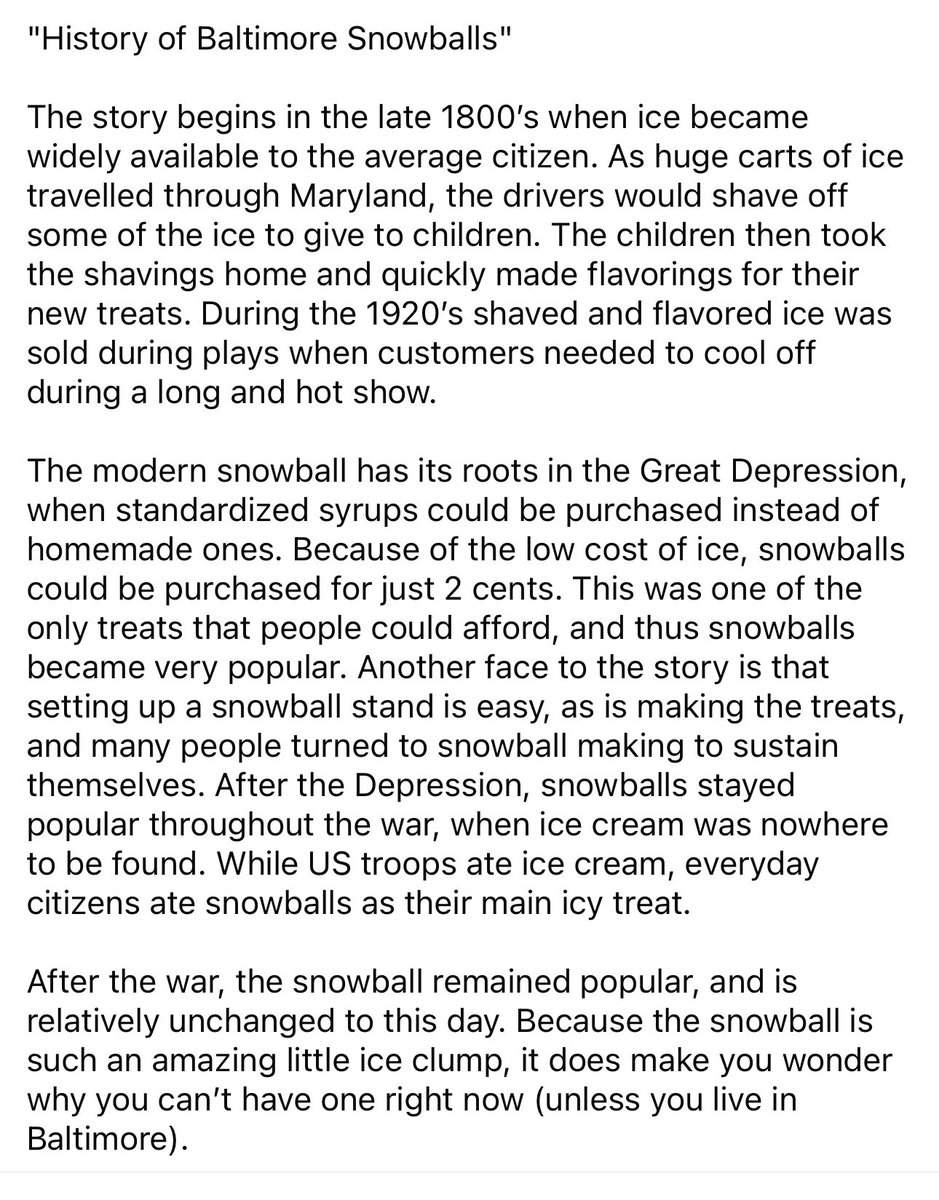 balcer_anne's tweet photo. Summer isnโt complete for me without an egg-custard topped with marshmallow snowball! Even if it means dragging my patient family along on our annual 50+ mile trek to #Snoasis or #WaltherGarden so I can have my sugar-fix and trip down memory lane of Baltimore summers! Just donโt call it shaved ice or a snow cone! โ๏ธ๐ง๐ฆ itโs worth the drive! ๐๐ด๐
https://t.co/4EJkt5CLIL
https://t.co/YQHQlJcdpg