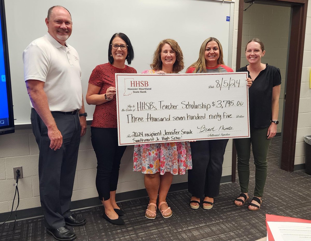 Congratulations to Jennifer Snook, our 6th grade social studies teacher and the recipient of HHSB’s Teacher Scholarship!! 

Thank you <a href="/myHHSB/">Hoosier Heartland State Bank</a>! 

<a href="/Steph_Hofer/">Dr. Stephanie Hofer</a>