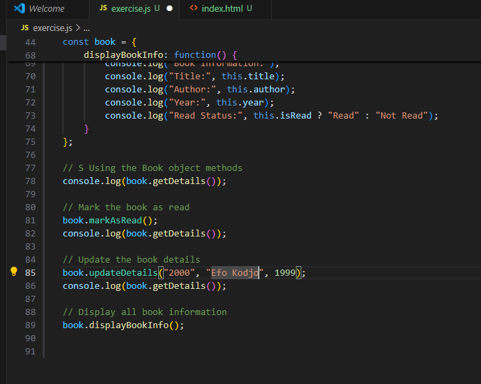 Sly_Softs's tweet photo. Day 33 of #100DaysOfCode: I continued working on JS object methods, . I created a small project that manages book details using object methods. It allows updating, displaying, and managing the books
 efficiently.
 #30DaysOfJavaScript by @Asabeneh!
#EnrollWithSTS @stechie_school https://t.co/pydukRv6ds