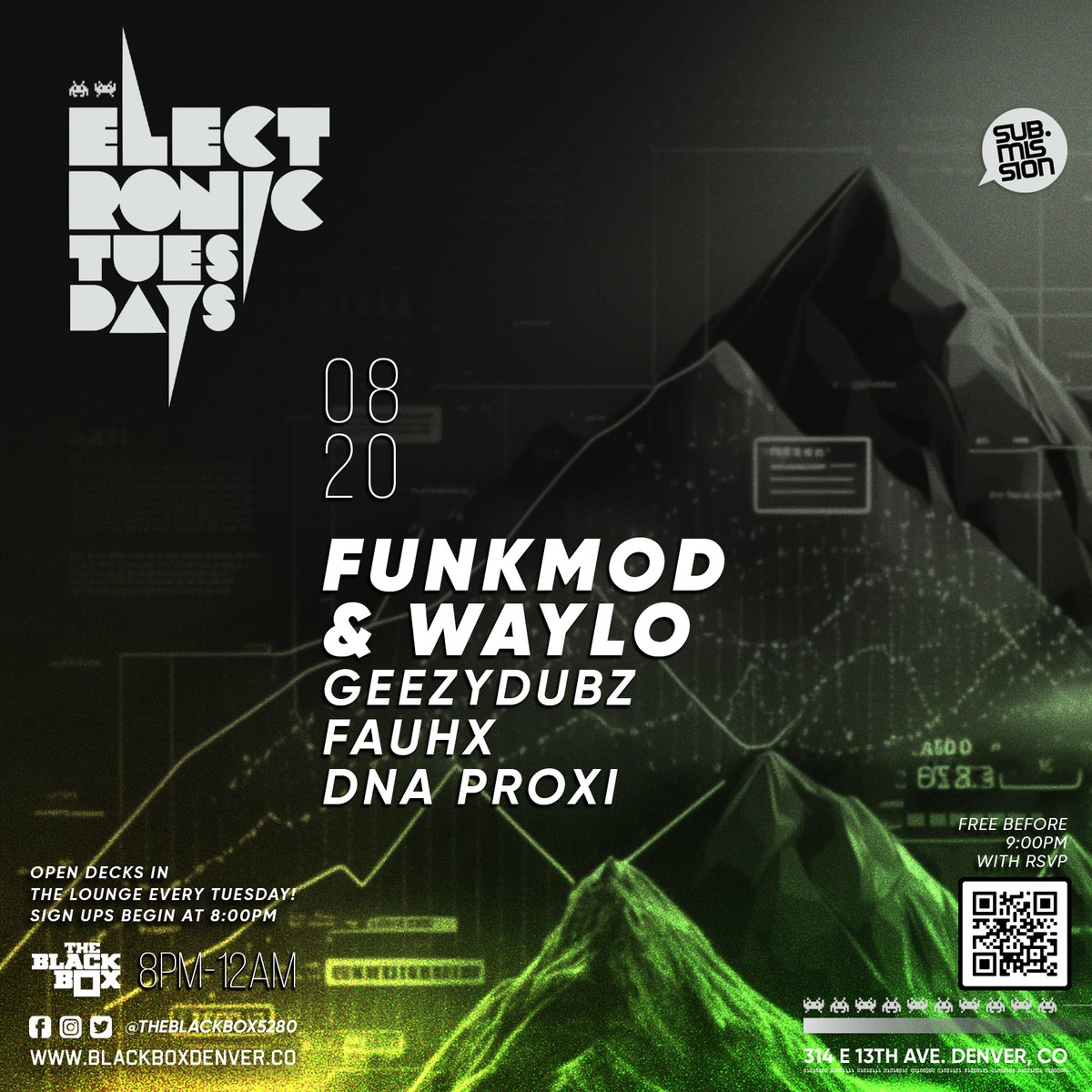 One more week until my first Electronic Tuesday  <a href="/TheBlackBox5280/">The Black Box</a>.

Grab your tickets! 
Tickets: blackboxdenver.co/events/submiss…