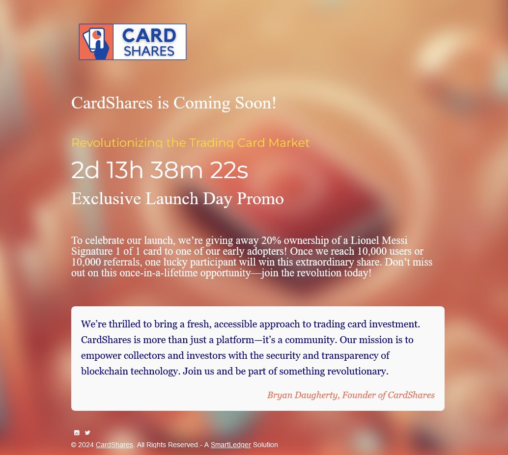MyCardShares's tweet photo. “We're thrilled to bring a fresh, accessible approach to #tradingcard #investment.
#CardShares is more than just a platform-it's a community. Our mission is to empower #collectors and #investors with the security and transparency of #blockchain #technology” https://t.co/19bzlopPzn