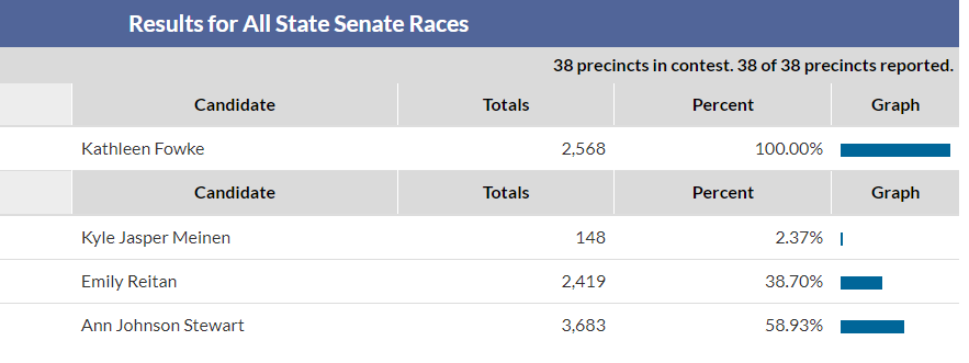 With 38 of 38 precincts reporting, it appears Ann Johnson Stewart will be the DFLer to defend the DFL majority in the state Senate.