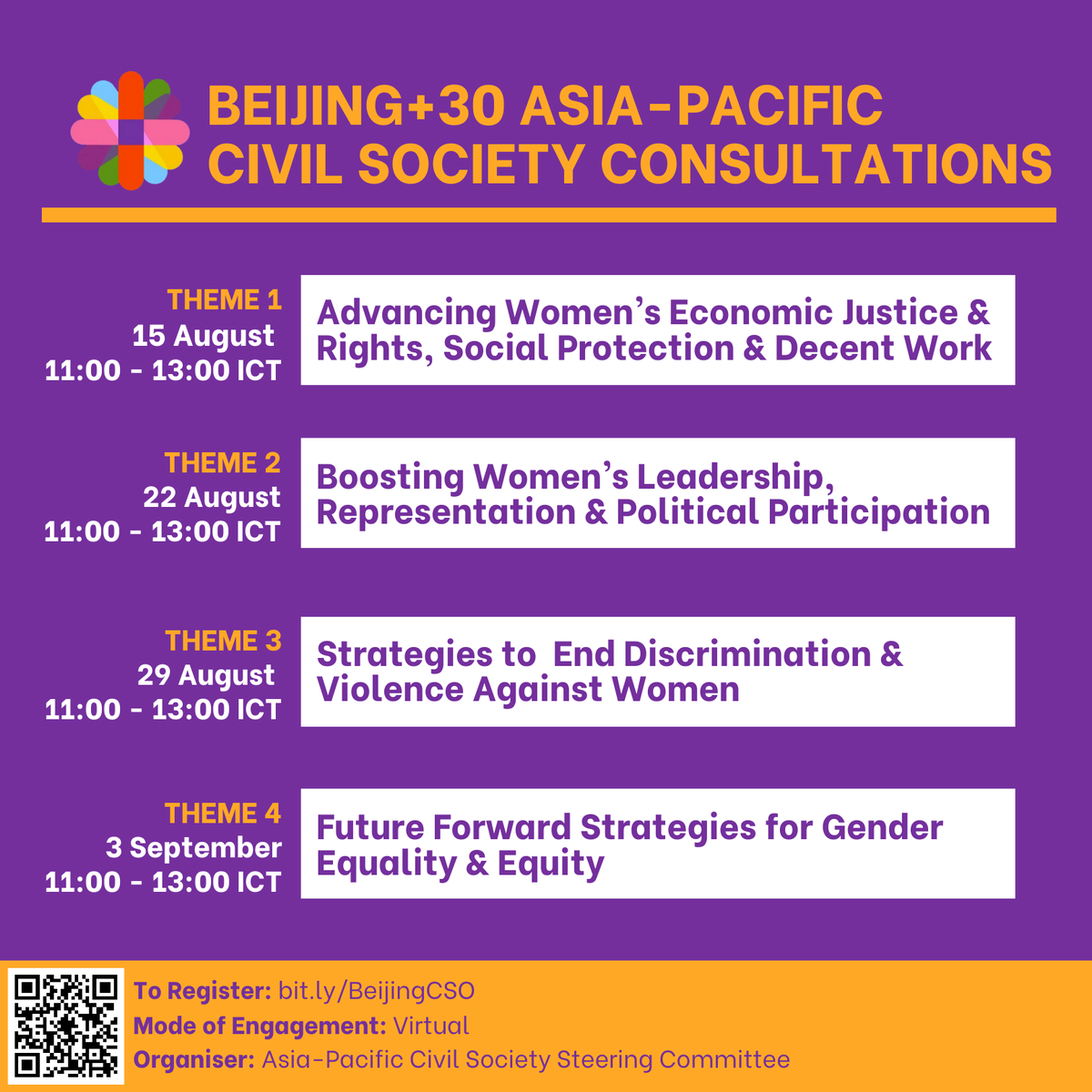 Join the #Beijing30 virtual consultations to advance gender equality in Asia-Pacific.

Register today👉 bit.ly/BeijingCSO 

Together, we can shape a future of justice and equality!💪

#Beijing30 #GenderEquality #FeministAction #Beijing30AsiaPacific #BPfA30
