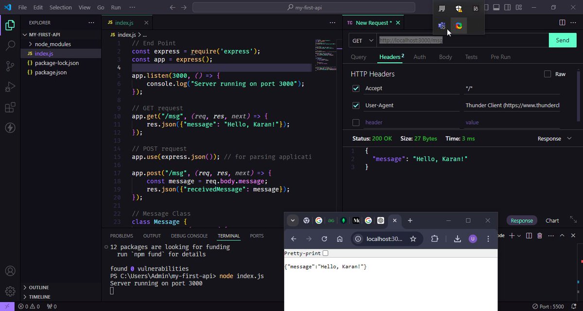 Karan1212577's tweet image. Just built my first API with Node.js and Express!
It handles GET requests and responds to POST requests by returning a greeting.
Also discovered a tool called Thunder Client on VS Code for API testing.
#100dayofcoding #API