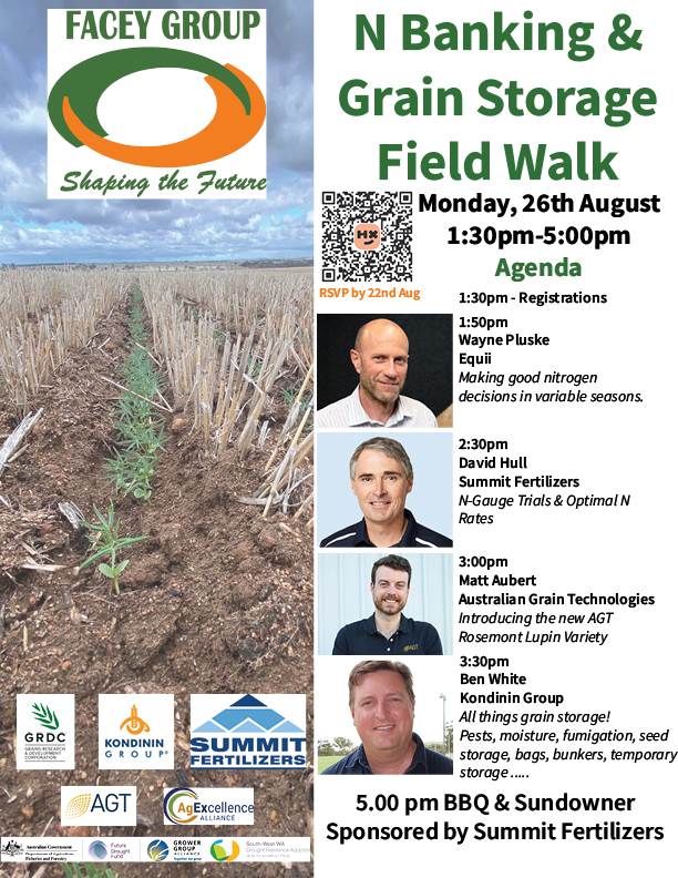 📢 THE AGENDA IS SET 👏
<a href="/FaceyGroup/">Facey Group</a> N Banking &amp; Grain Storage Field Walk on Mon 26th Aug🌱🚶
Powerhouse Wayne Pluske will challenge our thinking on making good nitrogen decisions in variable seasons at <a href="/theGRDC/">GRDC</a> #RiskWise N Banking Trial. Next, David Hull will walk us through