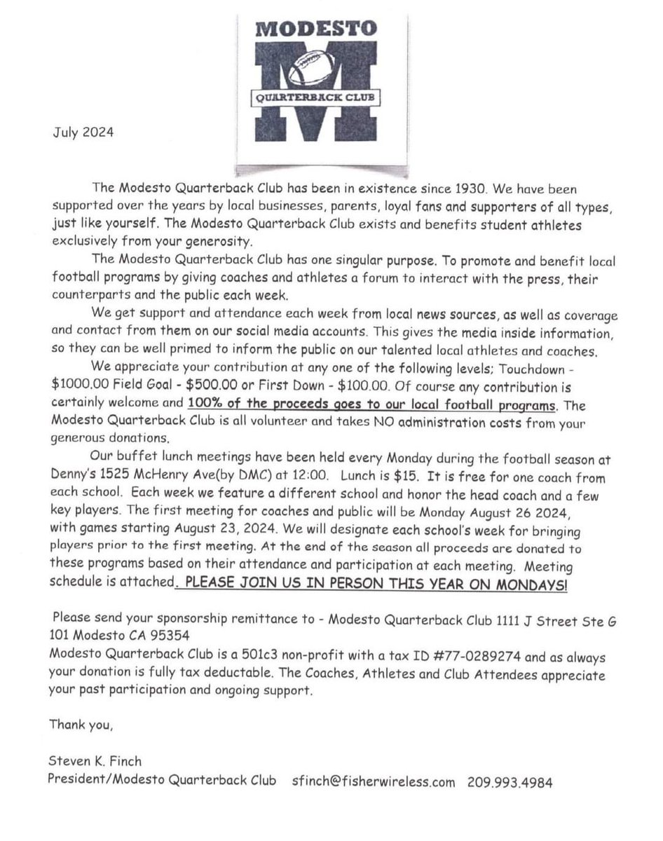 Please share. The Quarterback Club needs new sponsors and new faces in 2024!!