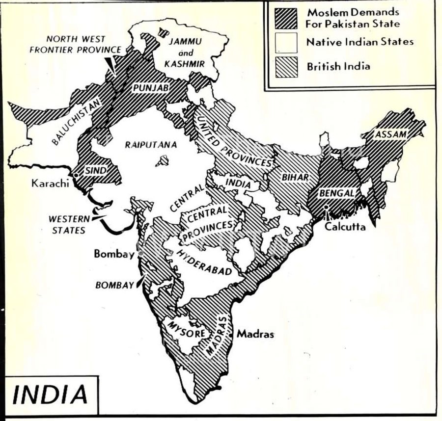 GujaratHistory's tweet photo. 79 years old map of India showing the pre-partition complexities of the situation in August 1947. https://t.co/kfG3WlaHUD
