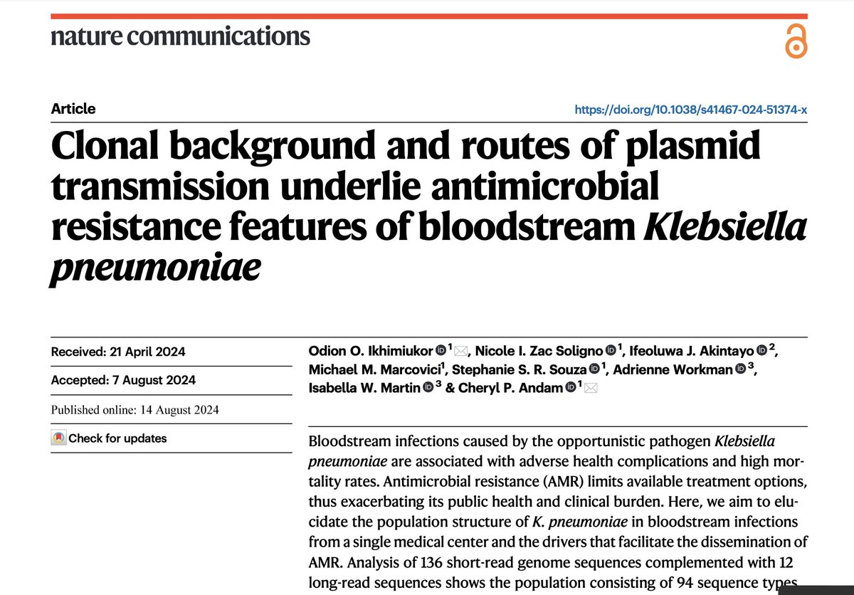 Cheryl P Andam (@cheandammicro) on Twitter photo Thrilled 😁to share our new paper from the lab on Klebsiella pneumoniae genomics from bloodstream infections, IncF plasmids & ESBL. With Isabella Martin (Dartmouth) <a href="/odionikh/">Odion</a> <a href="/sr_stephanie/">Stephanie SR Souza</a> <a href="/NatureComms/">Nature Communications</a>
nature.com/articles/s4146… Thrilled 😁to share our new paper from the lab on Klebsiella pneumoniae genomics from bloodstream infections, IncF plasmids & ESBL. With Isabella Martin (Dartmouth) <a href="/odionikh/">Odion</a> <a href="/sr_stephanie/">Stephanie SR Souza</a> <a href="/NatureComms/">Nature Communications</a>
nature.com/articles/s4146…