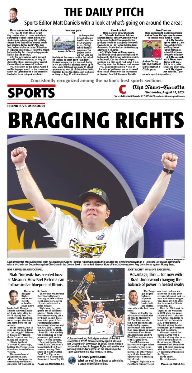 IlliniHQ (@illinihq) on Twitter photo Wednesday's N-G sports cover features <a href="/srrichey/">Scott Richey</a> and <a href="/BobAsmussen/">Bob Asmussen</a> on Bragging Rights in basketball and football, plus <a href="/mdaniels_NG/">Matt Daniels</a> on topics ranging from #Illini linebacker Dylan Rosiek and <a href="/IlliniSoccer/">Illinois Soccer</a> season opener to Tanner Gordon and <a href="/UnityRockets/">Unity Rockets</a> football.
<a href="/APSE_sportmedia/">APSE</a> Wednesday's N-G sports cover features <a href="/srrichey/">Scott Richey</a> and <a href="/BobAsmussen/">Bob Asmussen</a> on Bragging Rights in basketball and football, plus <a href="/mdaniels_NG/">Matt Daniels</a> on topics ranging from #Illini linebacker Dylan Rosiek and <a href="/IlliniSoccer/">Illinois Soccer</a> season opener to Tanner Gordon and <a href="/UnityRockets/">Unity Rockets</a> football.
<a href="/APSE_sportmedia/">APSE</a>