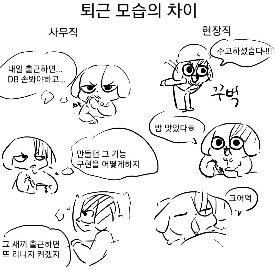 제가 느낀 사무직과 현장직의 차이점은 사무직은 퇴근해도 일의 연장인데 현장은 현장에서 마무리된다는 점?