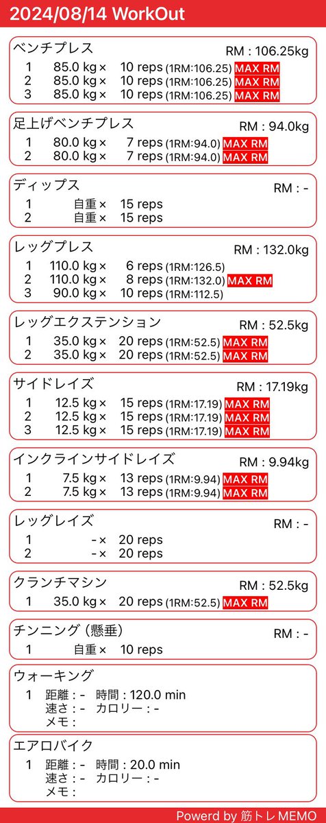 lock_tetsu's tweet photo. 今日は胸中重量、肩、脚

ベンチプレス 85kg ついに10×3できた！
次回から+2.5kgでやろう

レッグプレスも調子良くて一気に伸びた

ただ左腕がまだ痛くて、プレス系は何とか大丈夫だけどプル系がきつい
特に懸垂が全然できない😭
病院行った方がいいか…

#筋トレ https://t.co/tb8PqoRvb4