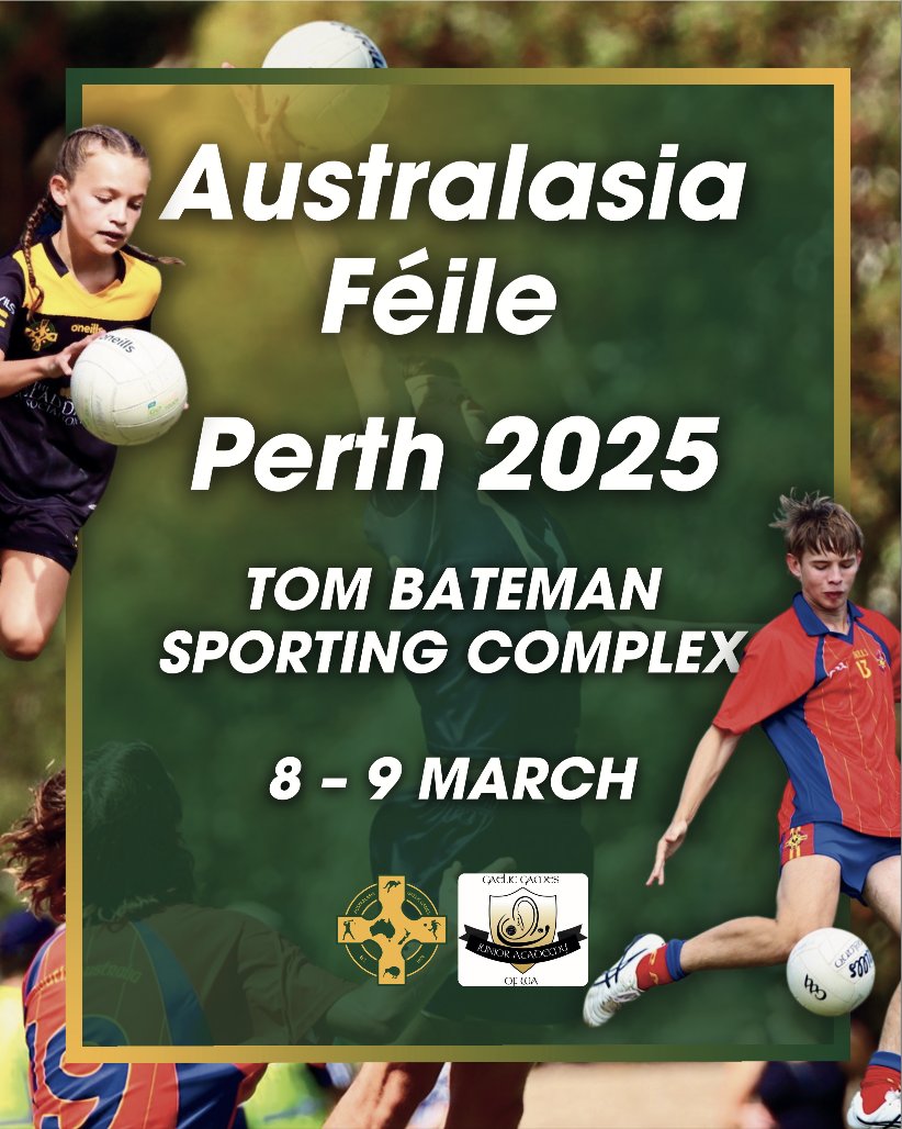 Féile 2025 is back, this time in Perth at the Tom Bateman Sporting Complex!

This competition will be held in March over the 8th and 9th! 

Young Melbourne GAA 💚💙
#feile2025 #KidsGAA #family #kidssport #melbournekids #youngmelbournegaa #gaelicgamesvictoria #gaaaustralia