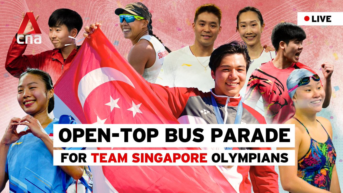 Watch our livestream of the Team Singapore Olympians' open-top bus parade through central Singapore from 11.30am SG. On board the bus is kitefoiling bronze medalist Max Maeder: youtube.com/watch?v=lg-Ll8…

Read our blog: cna.asia/4cwG408 #paris2024 #parisolympics