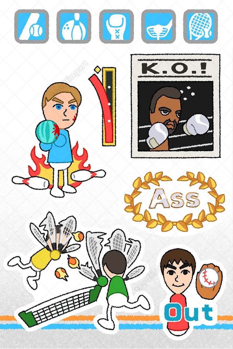 toodlingart's tweet image. wii sports stickers ⚾️🎳🥊🏌️🎾