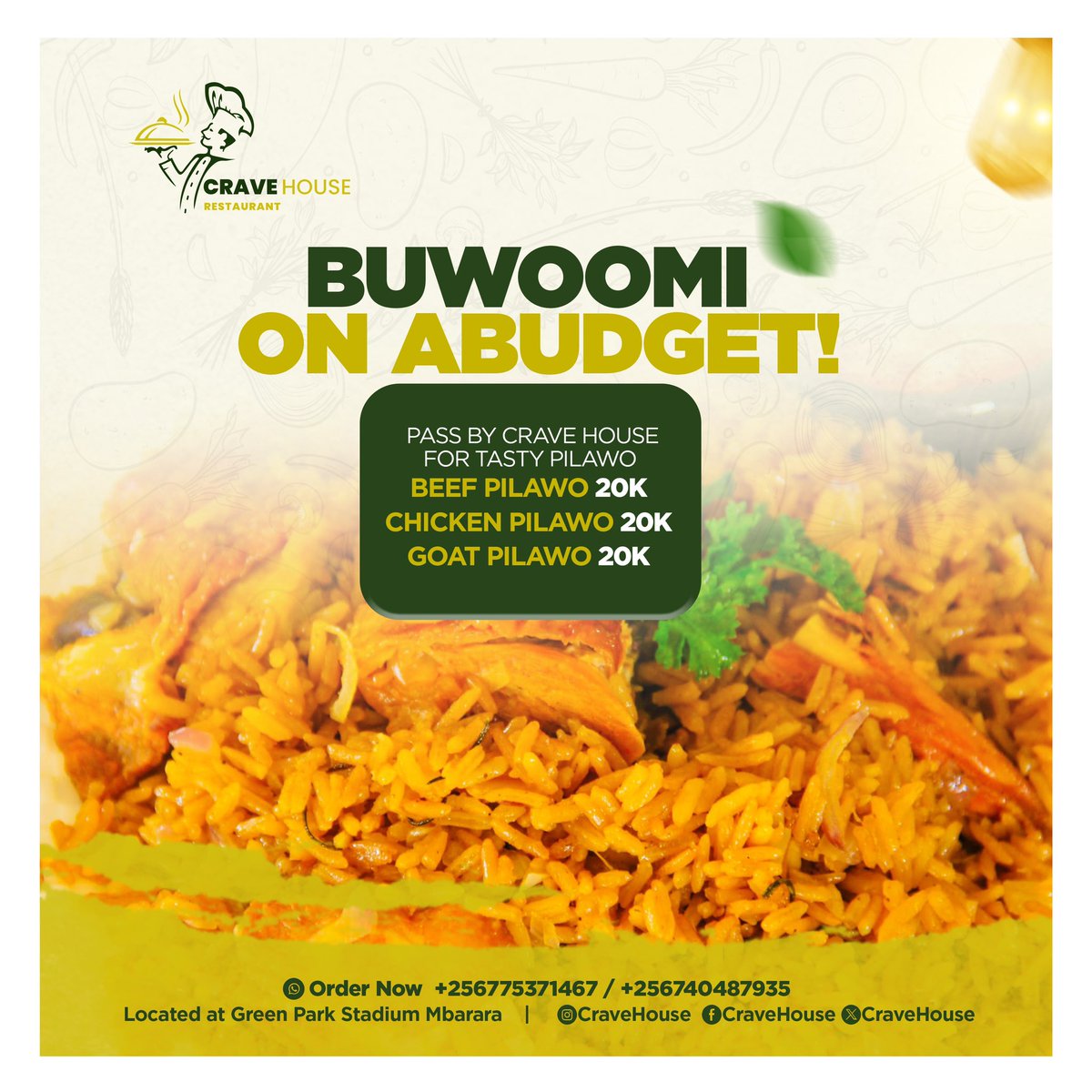 PatraUg1's tweet photo. Happy Wednesday! Treat yourself to a flavorful meal  @CraveHouse2 located @greenparkug . Don't miss out on tasting our mouth-watering beef, chicken, and goat Pillawo dishes. Delivery options available! 🚚
Just 📞 +256775371467
#CraveHouseRestaurant https://t.co/OeFNxFl1Z4