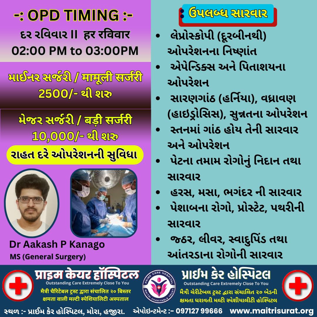 maitrisurat's tweet photo. રાહત દરે ઓપરેશનની સુવિધા.

-: OPD TIMING :-
દર રવિવાર II  हर रविवार
02:00 PM to 03:00PM

સ્થળ :- પ્રાઈમ કેર હોસ્પિટલ, મોરા ટેકરા, હજીરા.
નામ નોંધવા માટે આજે જ સંપર્ક કરો:- 097127 99666

#PrimeCareHospital #MoraTekara #Hazira #Surat https://t.co/LUNOhPp4dh
