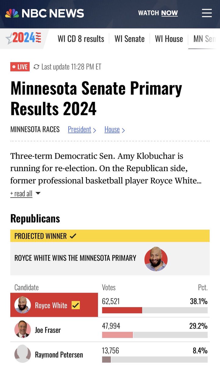JackPosobiec's tweet photo. BREAKING: @Highway_30 Royce White wins the MN Senate Primary https://t.co/bVTeA2hY5B