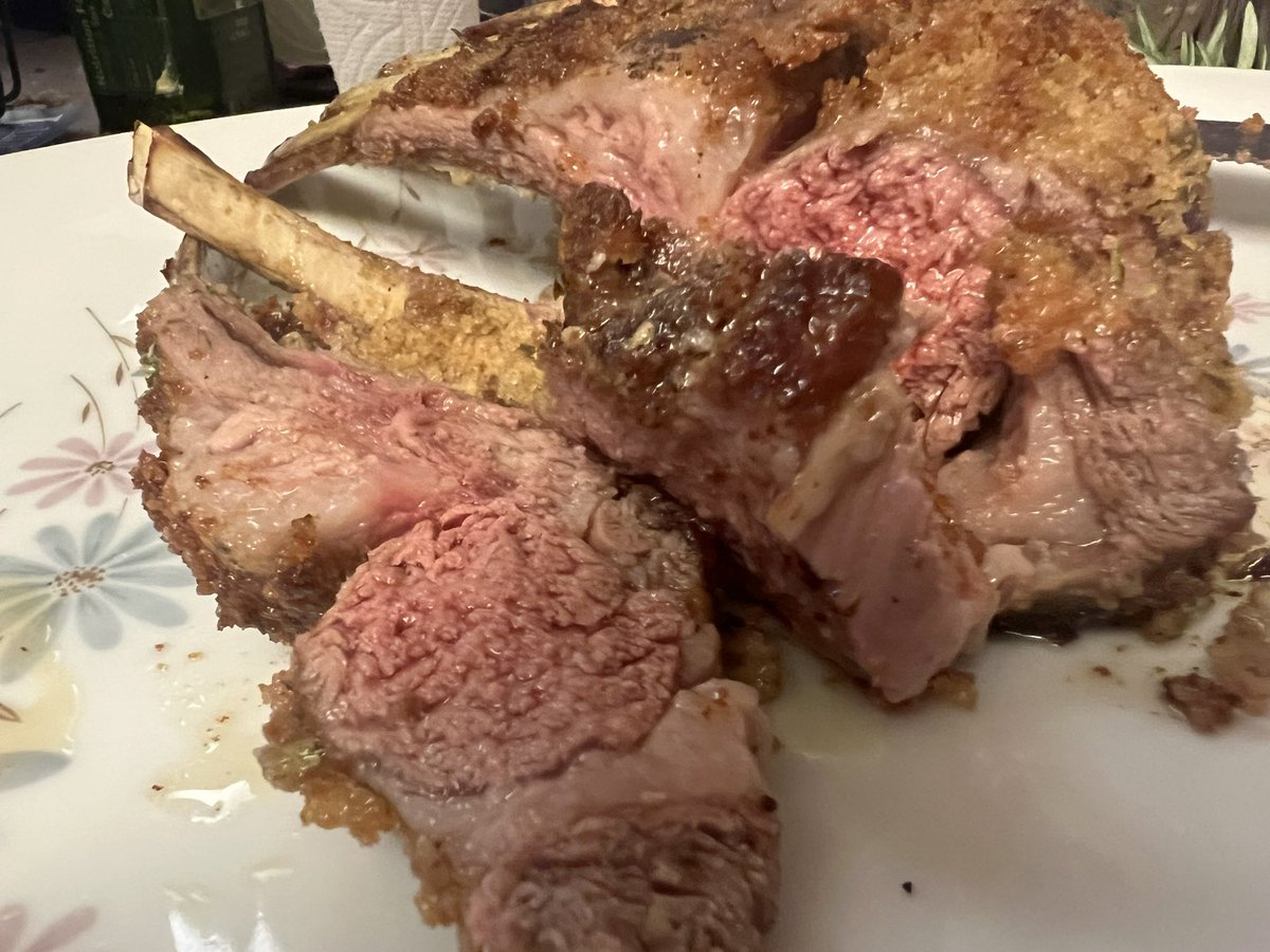 RachelZThomson's tweet photo. @altonbrown first time making a whole wrack of lamb tonight. I did not have Sherry vinegar for the pan dripping sauce but I had garlic wine vinegar. Turned out great! Now: how often do I have to season my cast iron skillet? https://t.co/JT41zn7lZT