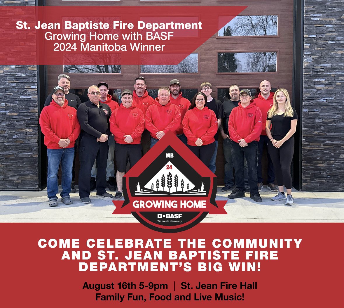 THIS FRIDAY in St Jean Baptiste @ the Fire Hall! 
Come celebrate our BASF Growing Home $25,000 Grant WIN!  
Free Event, no Tickets required!

Supper, live music, bouncy castles, petting zoo, axe throwing, ice cream &amp; MORE!!! 

Completely Free, Everyone is welcome!!!