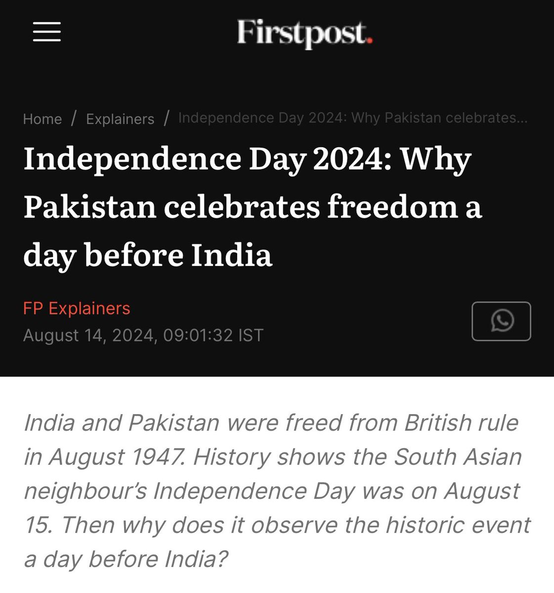 BRICSNetwork's tweet photo. 🇵🇰 Pakistan gained independence on 15th August 1947, but they celebrate their Independence Day on 14th August every year.

But why ? 🤔 https://t.co/8HEMnLNbSB