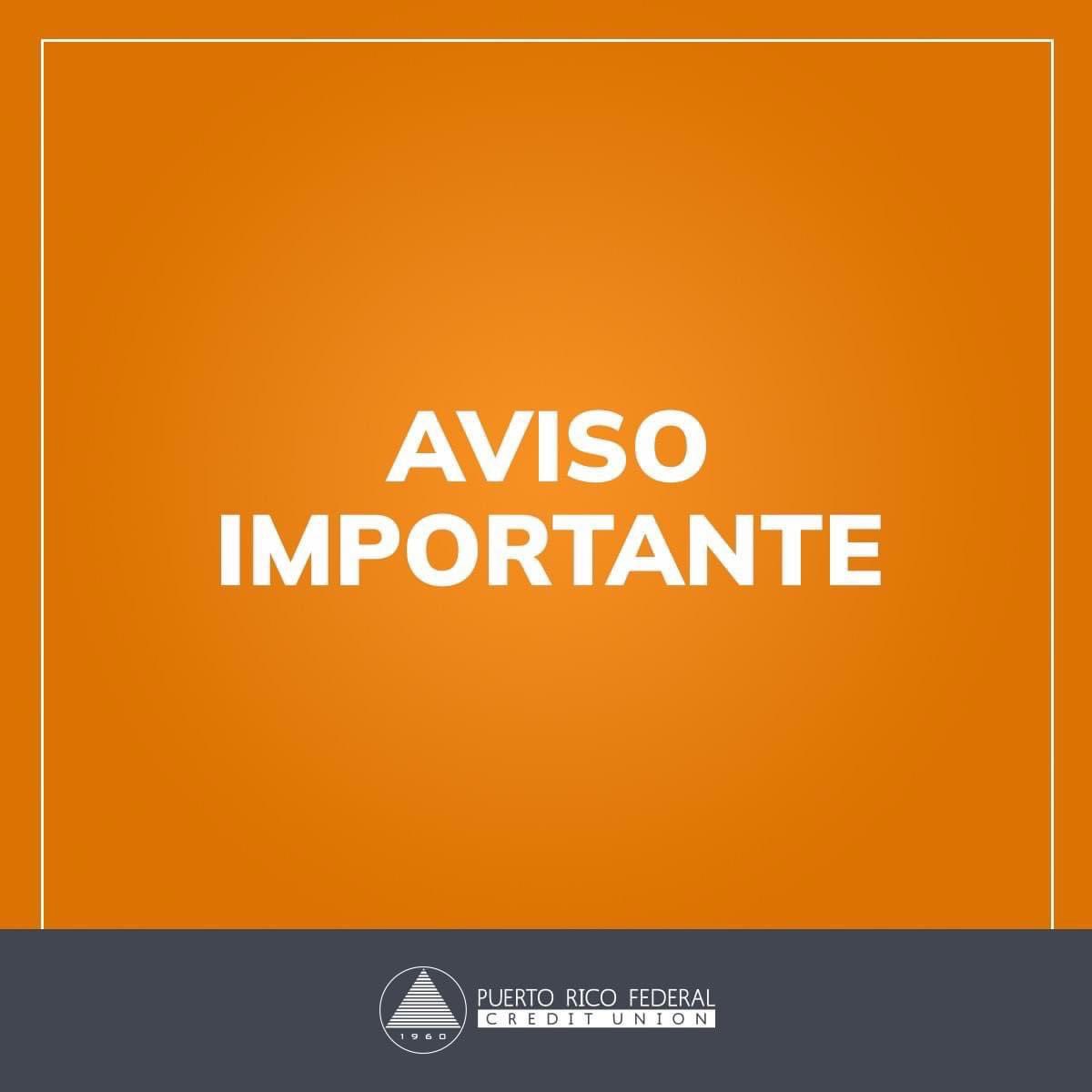 prfcu's tweet photo. Estimados socios:

El próximo miércoles, 14 de agosto de 2024 todas nuestras sucursales petmaneceran cerradas por el paso de la Tormenta Ernesto. Reanudáremos operaciones el jueves, 15 de agosto de 2024 en horario regular. https://t.co/szXl4f9JH7
