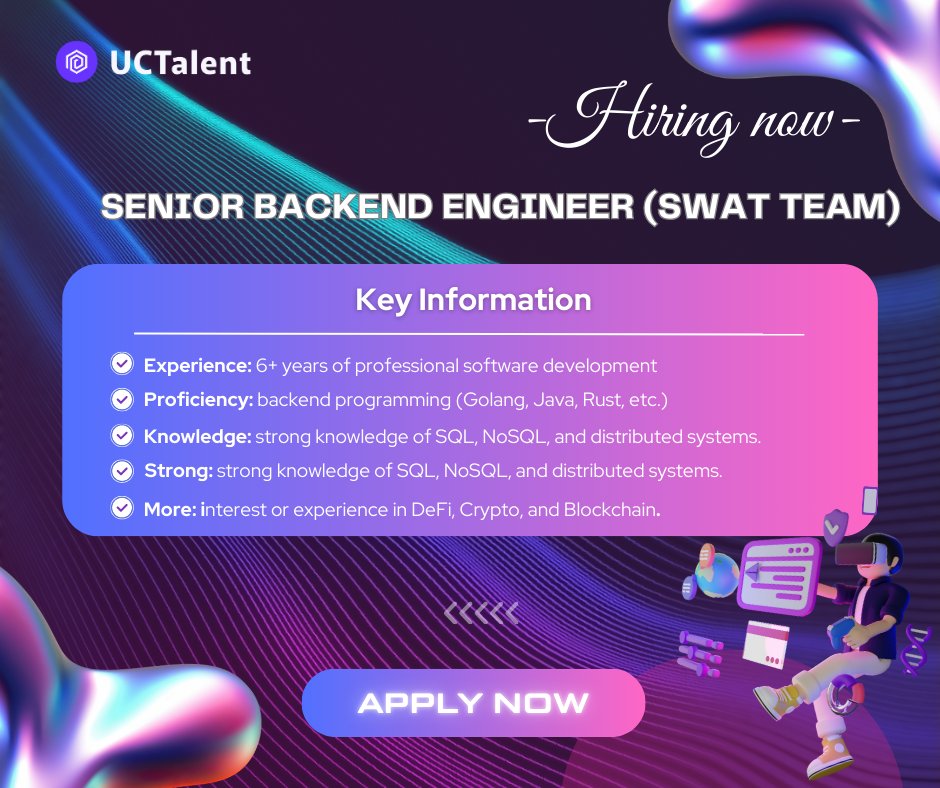 UCTalent_io's tweet image. 🚀 [𝐇𝐈𝐑𝐈𝐍𝐆 𝐍𝐎𝐖] 𝐒𝐞𝐧𝐢𝐨𝐫 𝐁𝐚𝐜𝐤𝐞𝐧𝐝 𝐄𝐧𝐠𝐢𝐧𝐞𝐞𝐫

Are you a seasoned backend engineer ready to tackle complex challenges head-on? 

👉 Apply now: bit.ly/3X1LYl6

#SeniorBackendEngineer #SWATTeam  #UCTalent