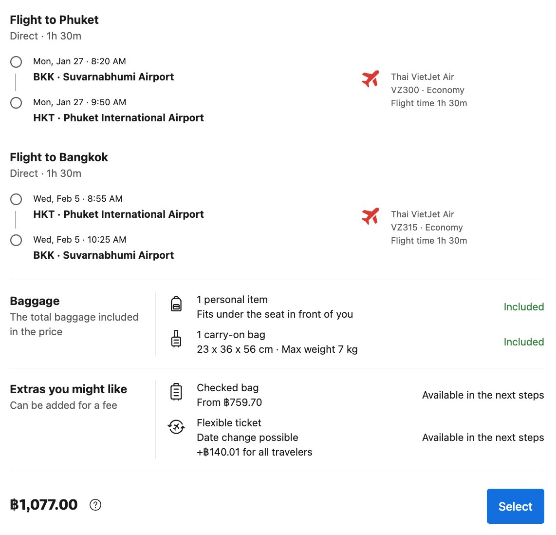 ✈️ Bangkok / Phuket / return 🏝️ 1-week roundtrip 1,077 Baht.