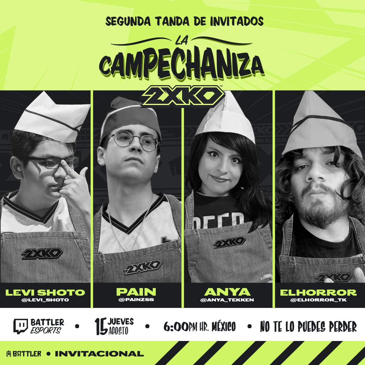 ¡No paramos! 
Aquí les van 4 pro players más que se estarán sumando a nuestro evento especial de 2XKO. El mix de talento y experiencia es BRUTAL.

📅Fecha: Jueves 15 de agosto
⏰Hora: 6:00 pm
💻Twitch: battleresports

#gamer #twitch #eventosgaming #2XKO #2xko_alphalab