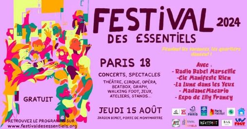 Deuxième jour pour découvrir les spectacles originaux et fédérateurs du #FestivaldesEssentiels jeudi 15 aout avec <a href="/mairie18paris/">Mairie 18 Paris</a>  au Jardin Binet, Porte Montmartre.
Toujours gratuit pour toutes et tous !