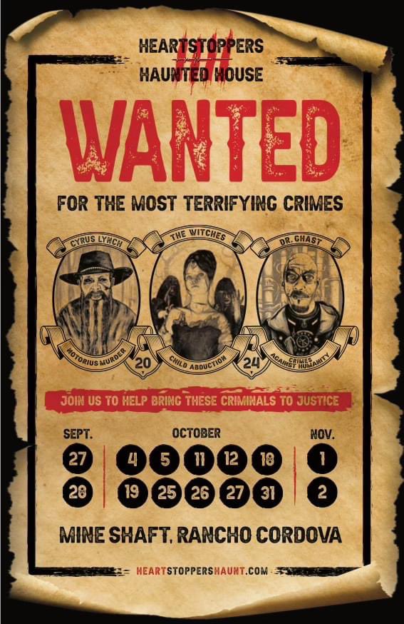 The Biggest and Best Haunted House in the Sacramento Valley is back for our 2024 Season of Screams! Tickets go on sale Sept 6th. 4 Haunts, Ghost Town with vendors, food trucks and live shows. Create some terrifyingly great halloween memories at Heartstoppers!!