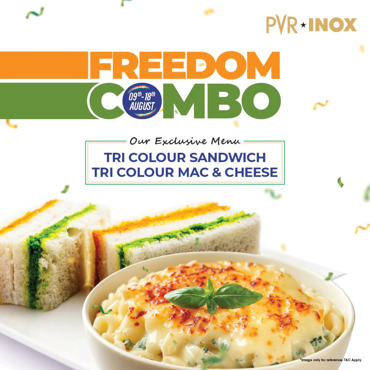 _PVRCinemas's tweet photo. Celebrate freedom with flavors that soar! 🇮🇳 Grab the Freedom Combo, featuring a delicious tricolor sandwich and tricolor mac & cheese, at PVR INOX today from Aug 9-18.
.
.
.
*Available in selected cinemas
#FreedomCombo #TricolourSandwich #MacAndCheese #Tasty #Freedom #IndependenceDay
