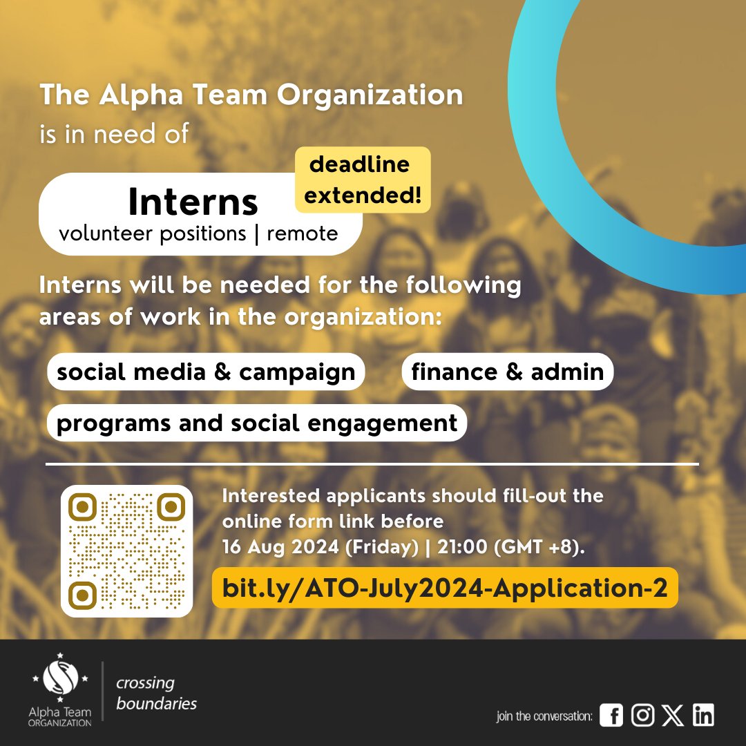 alphateam2003's tweet photo. 🚨 FINAL CALL! 🚨 Internship application deadline extended! Engage remotely with our diverse team in Finance, Programs &amp; Social Engagement, or Social Media. Apply by 16 Aug 2024, 9PM PST

More info &amp; application: https://t.co/ZQLhr54AMK

#Together4ATO #Volunteer #RemoteInternship https://t.co/qhSCoGBfxt