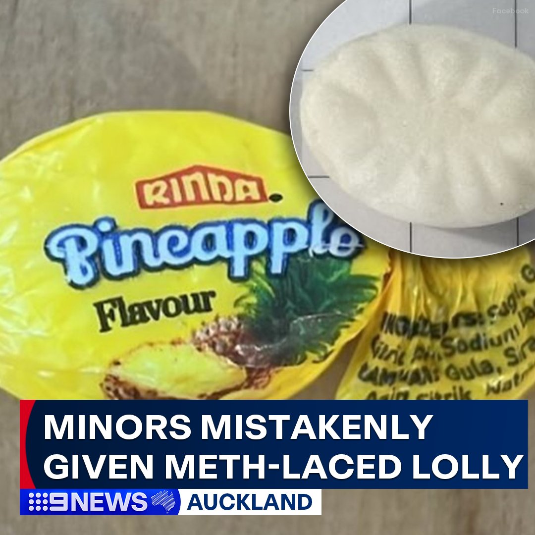 9NewsAUS's tweet photo. A child and teenager in New Zealand have been hospitalised after mistakenly being given meth-laced lollies.

The contaminated confectionary was unknowingly distributed in food parcels following a donation by an unknown member of the public. #9News

FULL STORY: https://t.co/Q4FhBiD0gm
