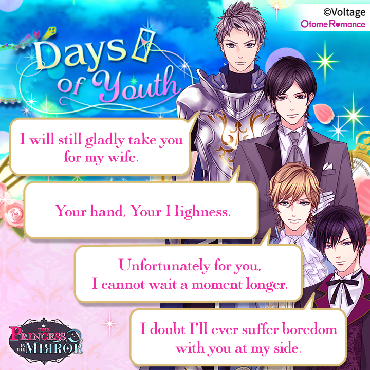MirrPrincess's tweet photo. In this new Days of Youth Story Event, you are transported back to your suitors' youth...

Will their younger selves open up to you just as they do now...?

#MirPri #ThePrincessintheMirror #Event #Days #Youth https://t.co/MUMolBrYuH