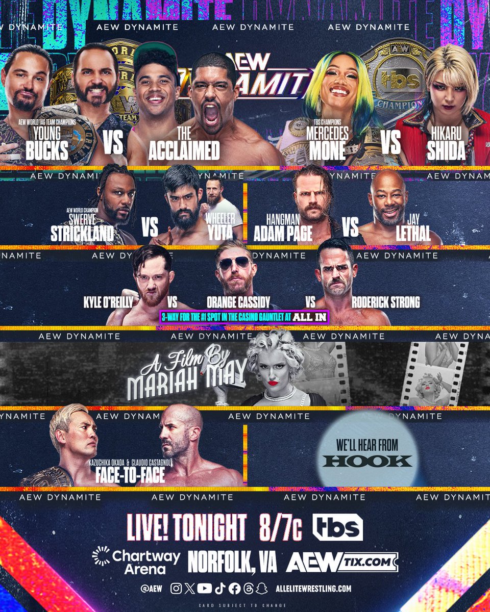 AEW's tweet photo. TONIGHT!

It’s the FINAL #AEWDynamite in the US before #AEW travels overseas for the final leg of the road to #AEWAllInLondon LIVE on @TBSNetwork at 8pm/7pm CT! https://t.co/LThCw8dZYY