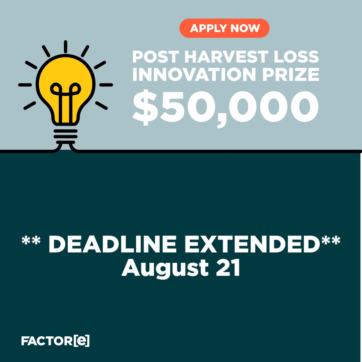You asked, we listened! 🙌 The deadline for our Post-Harvest Loss Prize is EXTENDED to Aug 21st. Win $50k &amp; show the world your innovation!

📅 Deadline for applications *extended*: August 21, 2024
🔗 Apply here: factore.com/innovation-pri…