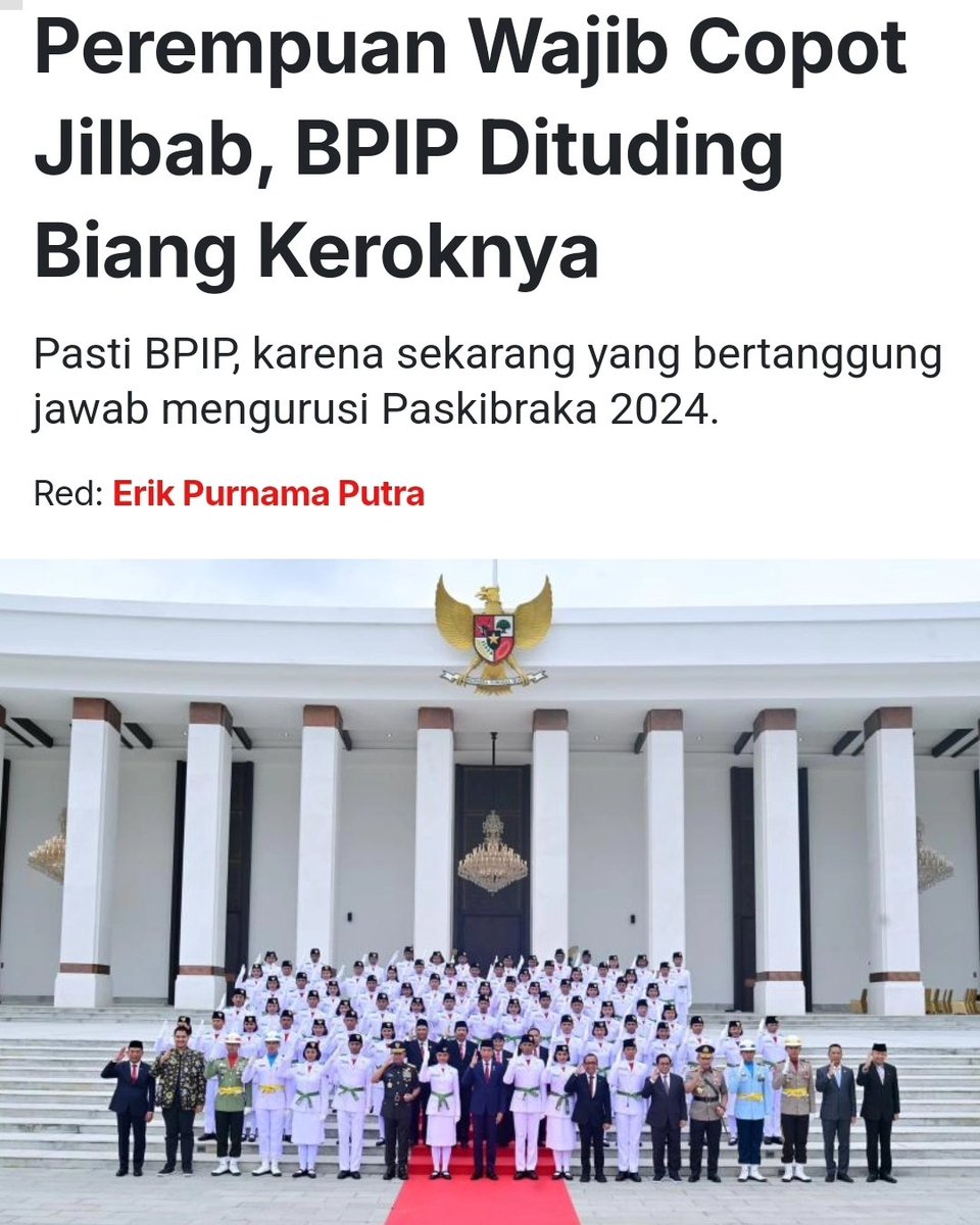 Fahmisalim2's tweet photo. Kewajiban lepas jilbab bagi anggota Paskibraka 2024 jelas bentuk islamofobia di negeri ini. Pancasila bukan alat islamofobia wooii.

#savepaskibraka2024
#pancasila #nkri https://t.co/qOeowZZHcm