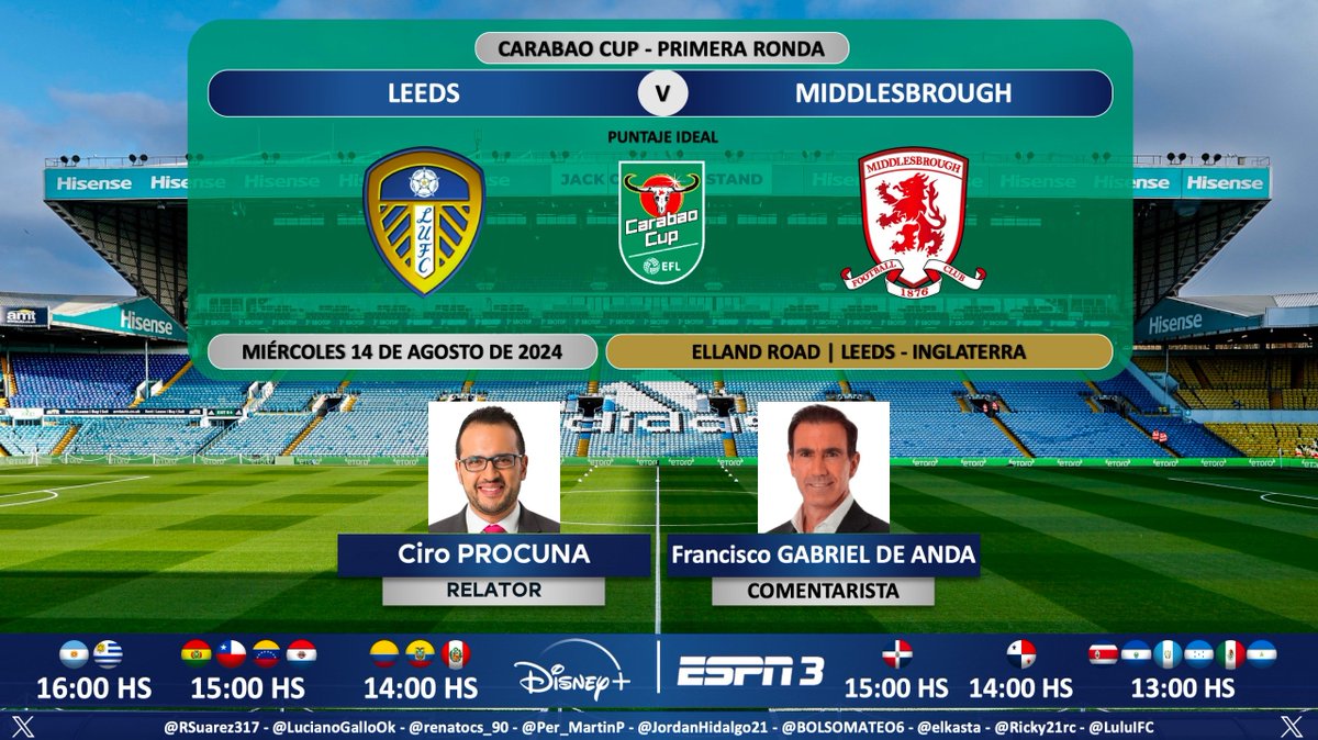 Puntaje_Ideal's tweet photo. ⚽ #CarabaoCup 🏴󠁧󠁢󠁥󠁮󠁧󠁿 | #LeedsUnited vs. #Middlesbrough   
🎙 Relator: @cprocuna
🎙 Comentarista: @PacoGabriel_5
📺 #ESPN3 Centroamérica y México 🇲🇽
💻📱 @disneyplusla Latinoamérica
🤳 #FUTBOLxESPN - #ESPNenStarPlus 
Dale RT 🔃 https://t.co/RtdPi2euGW