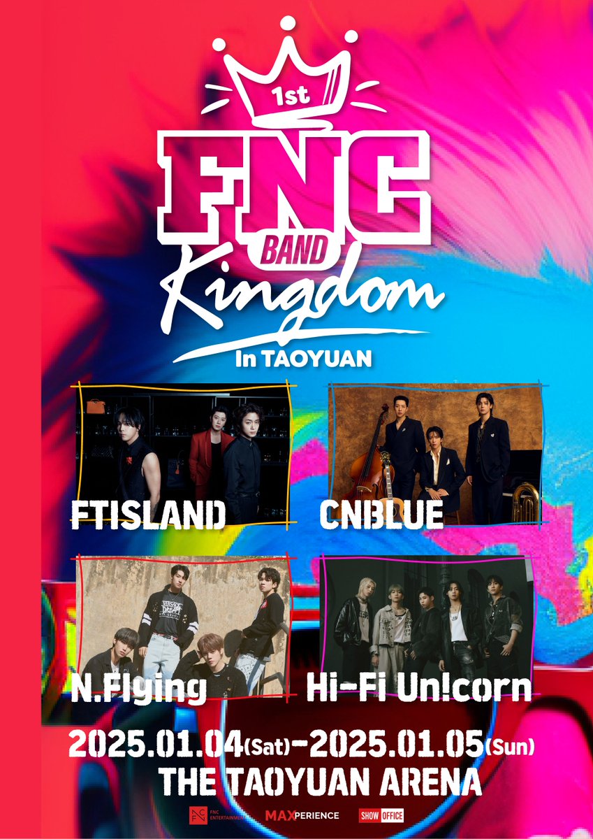 1st FNC BAND KINGDOM in TAOYUAN

🗓일정: 2025.01.04 (토) &amp; 01.05 (일)
📍장소: THE TAOYUAN ARENA

⚡ fncent.com/b/notice/59957
⚡ instagram.com/p/C-o0t3syDX-/…

#NFlying #엔플라잉 #FNCBANDKINGDOM