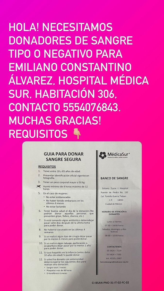 Ayuda donación de sangre O- para Emiliano en <a href="/medicasur/">Médica Sur</a> <a href="/VILLALVAZO13/">ALEJANDRO VILLALVAZO 🧠</a> <a href="/inakimanero/">Iñaki Manero</a> <a href="/SergioyLupita/">Sergio y Lupita en el Heraldo Radio</a> <a href="/Foro_TV/">Foro</a> <a href="/Televisa/">Televisa</a> <a href="/Milenio/">Milenio</a> <a href="/Azteca/">TV Azteca</a>