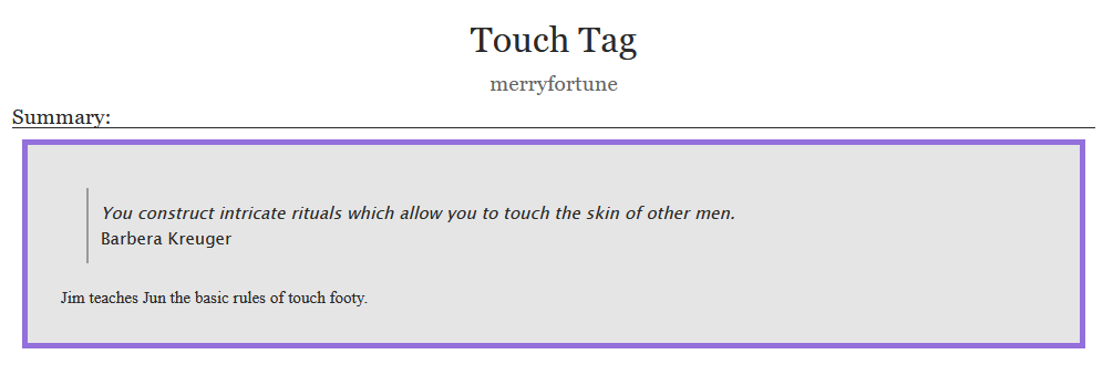 merry_fortune's tweet photo. August 14th: Games | #YGOrarepairweek2024
Title: Touch Tag
Ship: Boreshipping | Jim/Manjoume 🐊⚡️
Fandom: Yu-Gi-Oh! GX
Rating: T
Word Count: 2,264
Tags: Canon Compliant, Sports, Touch Starved
https://t.co/mygcTcYozh https://t.co/xfBGvnny6X