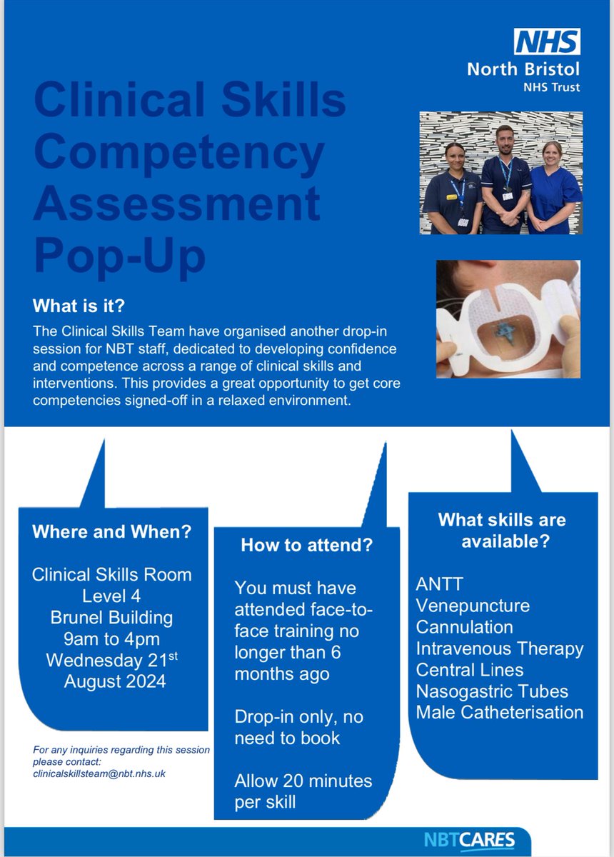 🔔 Hold the date 🔔 
Our wonderful clinical skills team are holding another drop in session 21/08/24. See poster for more details!