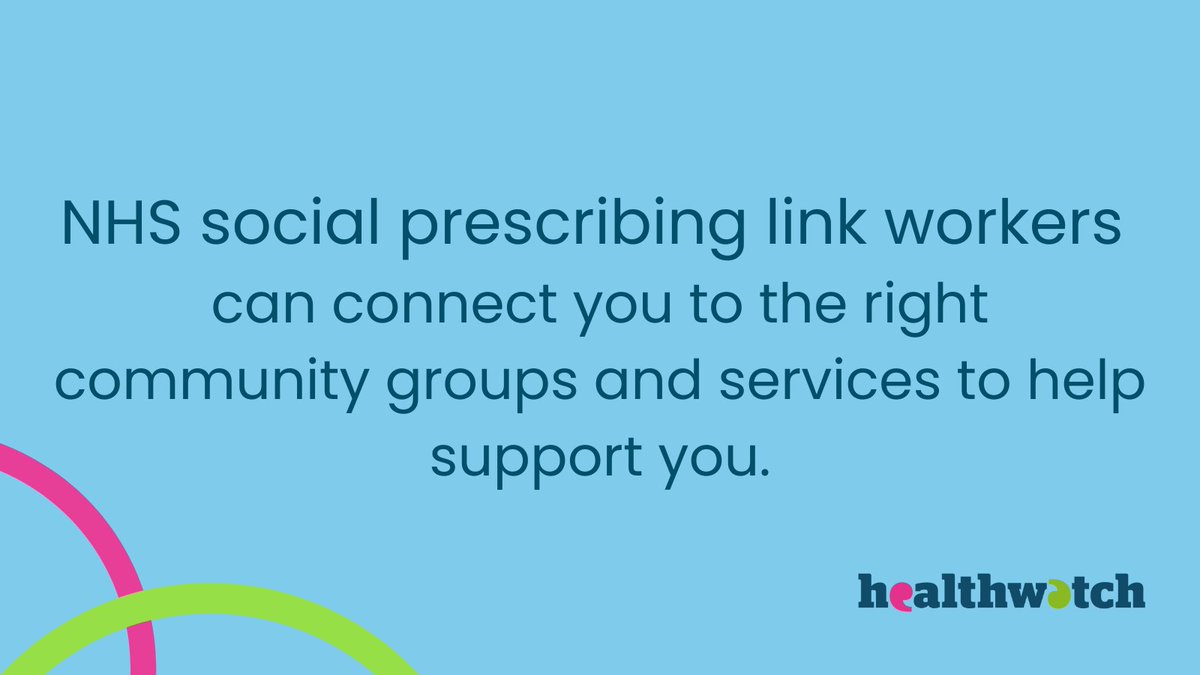 Healthwatch England (@healthwatche) on Twitter photo NHS social prescribing link workers can connect you to the right community groups and services to help support you. Find out more about social prescribing. bit.ly/3K0bPmp
#SocialPrescribing #NHS NHS social prescribing link workers can connect you to the right community groups and services to help support you. Find out more about social prescribing. bit.ly/3K0bPmp
#SocialPrescribing #NHS